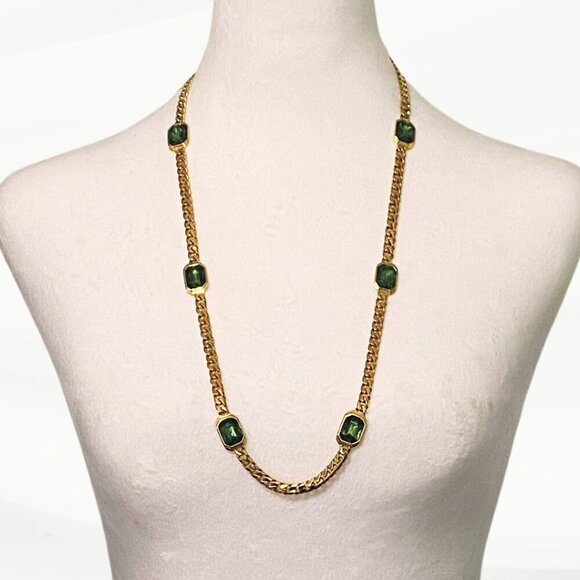 Chunky Gold Cuban Link Chain with Faux Emeralds - Picture 1 of 6